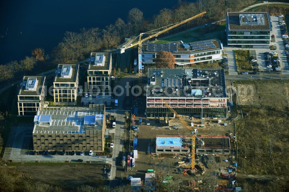 Aerial image Potsdam - Construction site to build a new office and commercial building Cube3 | THINK CAMPUS of Jungfernsee Baumanagement GmbH in Potsdam in the state Brandenburg, Germany