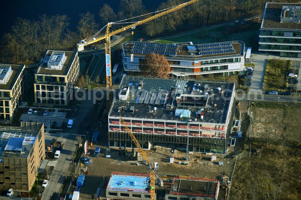 Aerial photograph Potsdam - Construction site to build a new office and commercial building Cube3 | THINK CAMPUS of Jungfernsee Baumanagement GmbH in Potsdam in the state Brandenburg, Germany