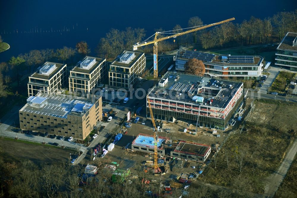 Potsdam from above - Construction site to build a new office and commercial building Cube3 | THINK CAMPUS of Jungfernsee Baumanagement GmbH in Potsdam in the state Brandenburg, Germany