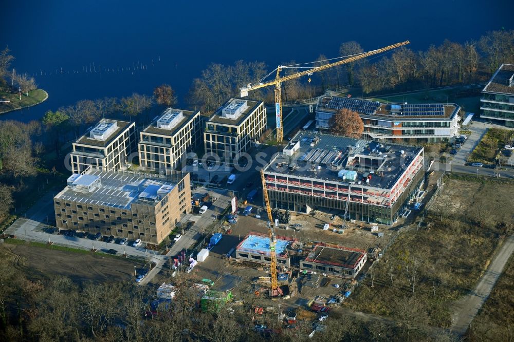 Aerial photograph Potsdam - Construction site to build a new office and commercial building Cube3 | THINK CAMPUS of Jungfernsee Baumanagement GmbH in Potsdam in the state Brandenburg, Germany