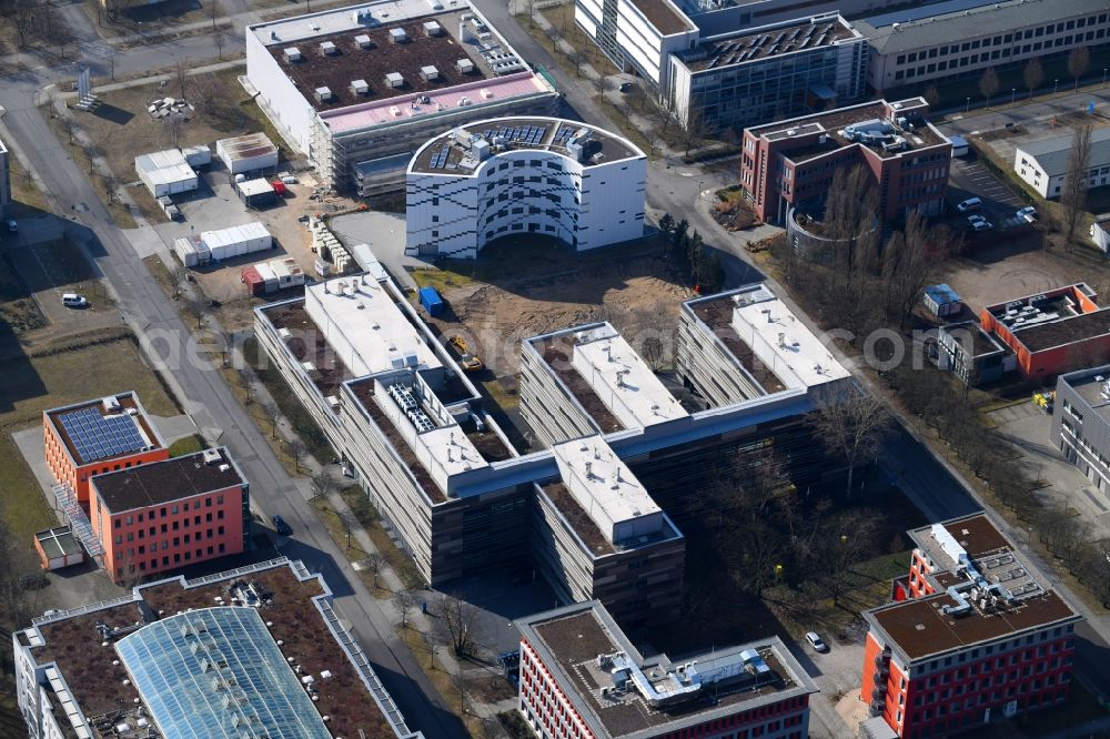 Berlin from above - Construction site to build a new office and commercial building DanGreen an of Magnusstrasse - Max-Planck-Strasse in the district Adlershof in Berlin, Germany