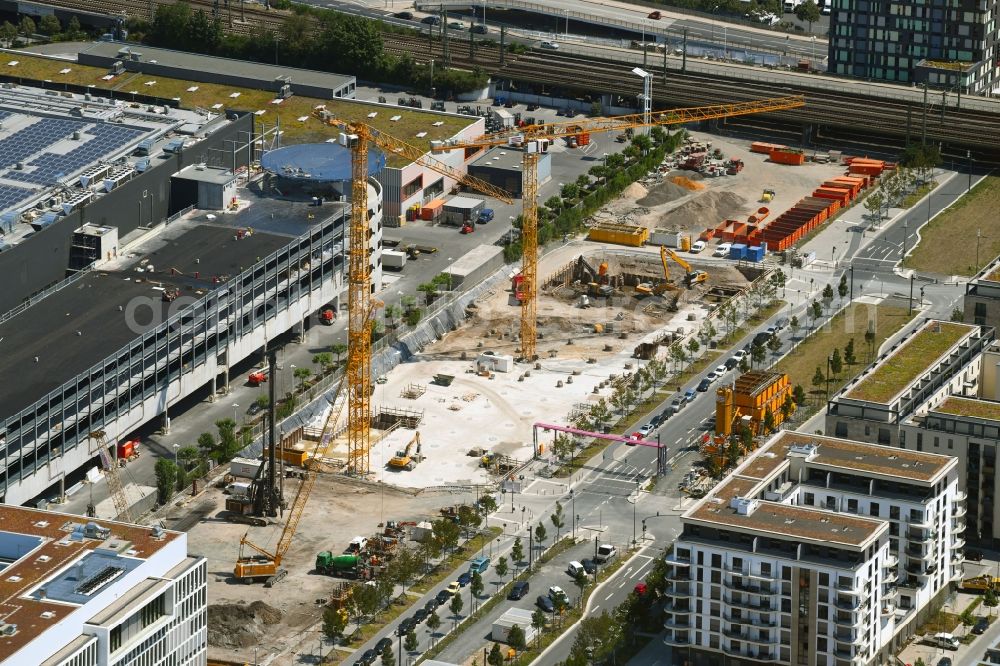 Frankfurt am Main from the bird's eye view: Construction site to build a new office and commercial building of Deutsche Bahn AG on Europa-Allee in Frankfurt in the state Hesse, Germany