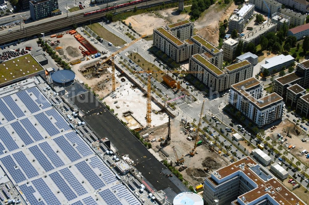 Frankfurt am Main from the bird's eye view: Construction site to build a new office and commercial building of Deutsche Bahn AG on Europa-Allee in Frankfurt in the state Hesse, Germany