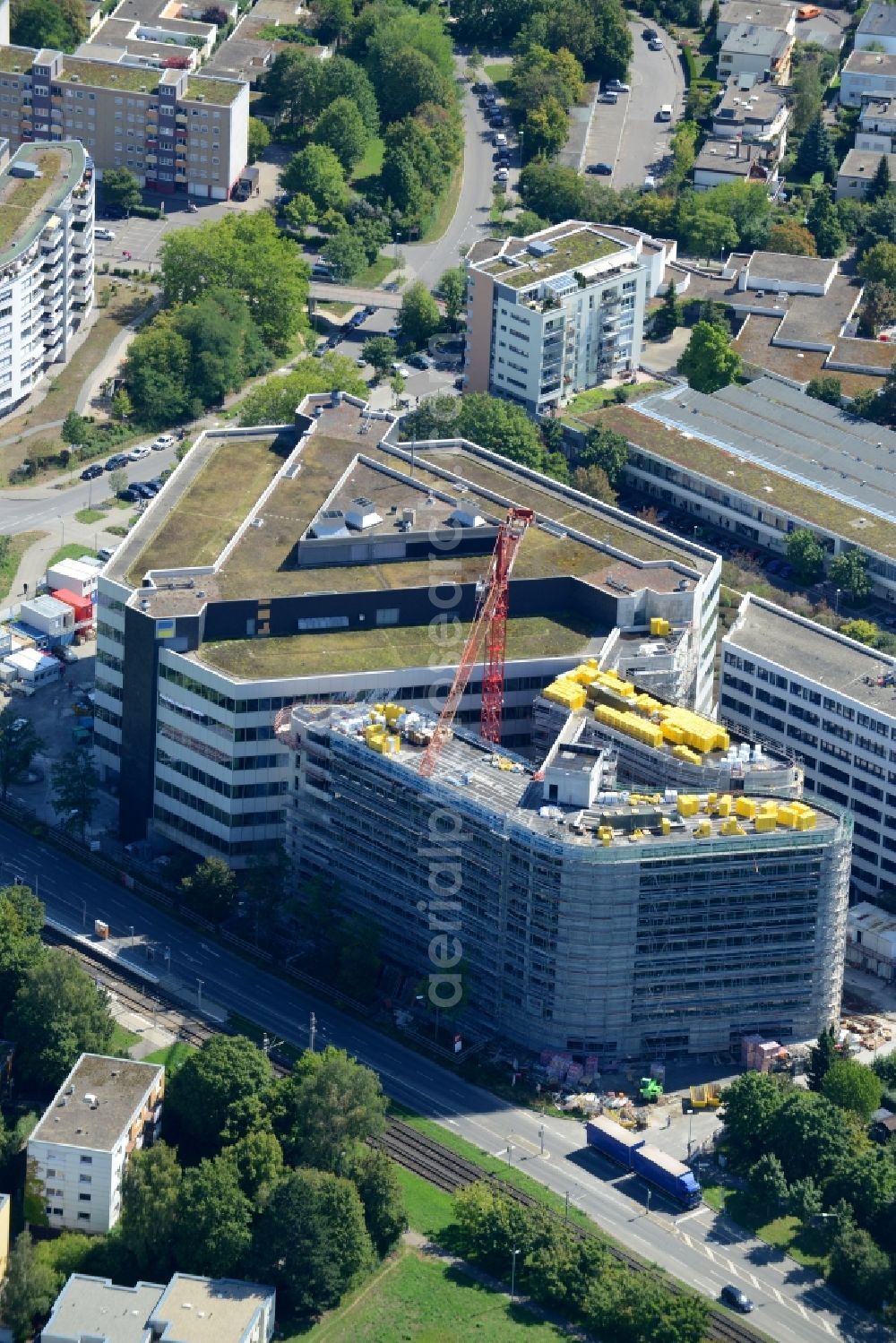 Aerial photograph Stuttgart - Construction site to build a new office and commercial building Deutsche Rentenversicherung Baden-Wuerttemberg on Adalbert-Stifter-Strasse in the district Freiberg in Stuttgart in the state Baden-Wuerttemberg, Germany