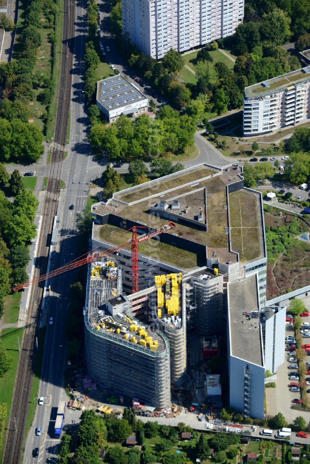 Stuttgart from the bird's eye view: Construction site to build a new office and commercial building Deutsche Rentenversicherung Baden-Wuerttemberg on Adalbert-Stifter-Strasse in the district Freiberg in Stuttgart in the state Baden-Wuerttemberg, Germany