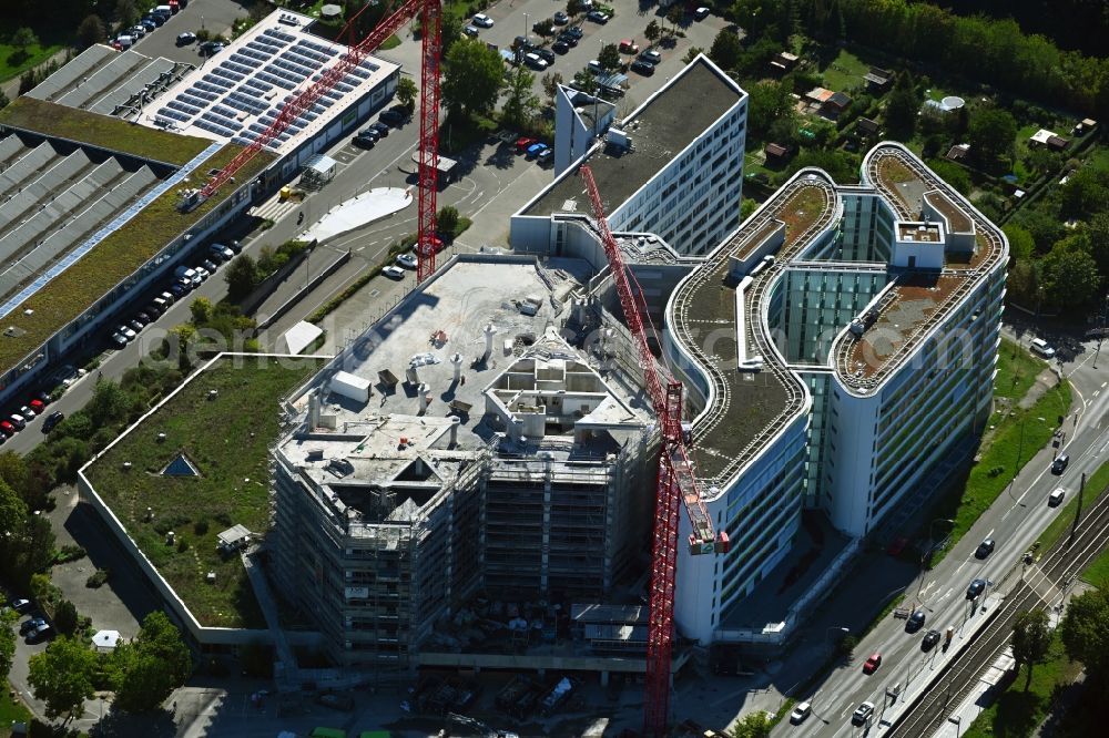 Stuttgart from the bird's eye view: Construction site to build a new office and commercial building Deutsche Rentenversicherung Baden-Wuerttemberg on Adalbert-Stifter-Strasse in the district Freiberg in Stuttgart in the state Baden-Wuerttemberg, Germany