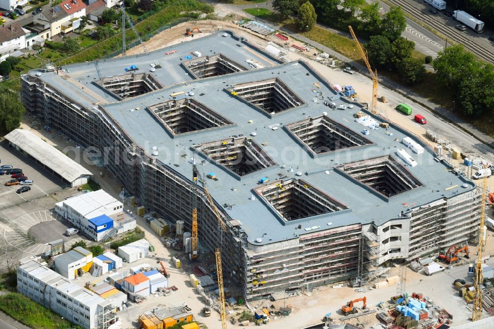 Karlsruhe from above - Construction site to build a new office and commercial building of dm-drogerie markt GmbH + Co. KG on Alte Karlsruher Strasse in Karlsruhe in the state Baden-Wurttemberg, Germany