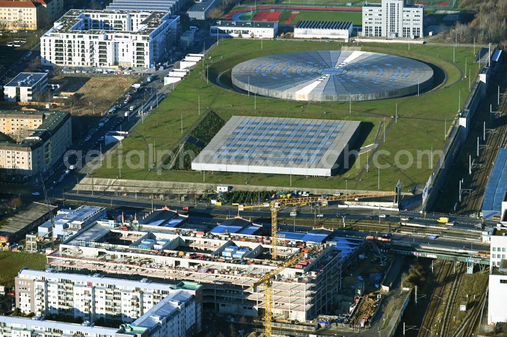 Berlin from the bird's eye view: Construction site to build a new office and commercial building DSTRCT.Berlin on Landsberger Allee, Otto-Ostrowski-Strasse and Hermann-Blankenstein-Strasse in the district Prenzlauer Berg in Berlin, Germany