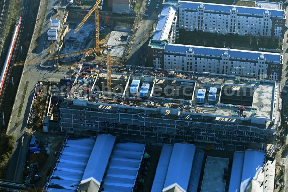 Aerial image Berlin - Construction site to build a new office and commercial building DSTRCT.Berlin on Landsberger Allee, Otto-Ostrowski-Strasse and Hermann-Blankenstein-Strasse in the district Prenzlauer Berg in Berlin, Germany