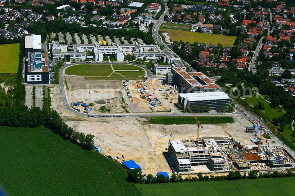 Aerial photograph Unterschleißheim - Construction site to build a new office and commercial building Emmy-Noether-Ring - Landshuter Strasse in the district Lohhof in Unterschleissheim in the state Bavaria, Germany