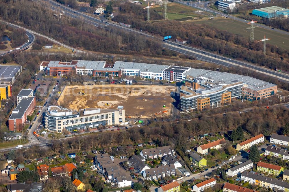 Düsseldorf from above - Construction site to build a new office and commercial building Ensemble on Heltorfer Strasse in Duesseldorf in the state North Rhine-Westphalia, Germany