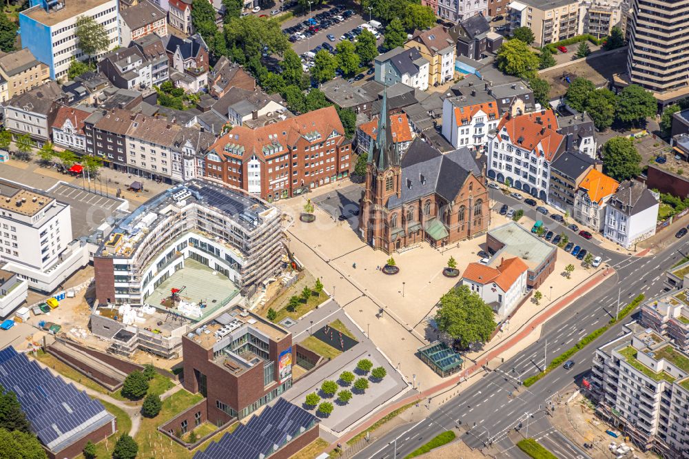 Herne from above - Construction site for the new construction of an office and commercial building Europagarten overlooking the church Kreuzkirche at Europaplatz in Herne at Ruhrgebiet in the state North Rhine-Westphalia, Germany