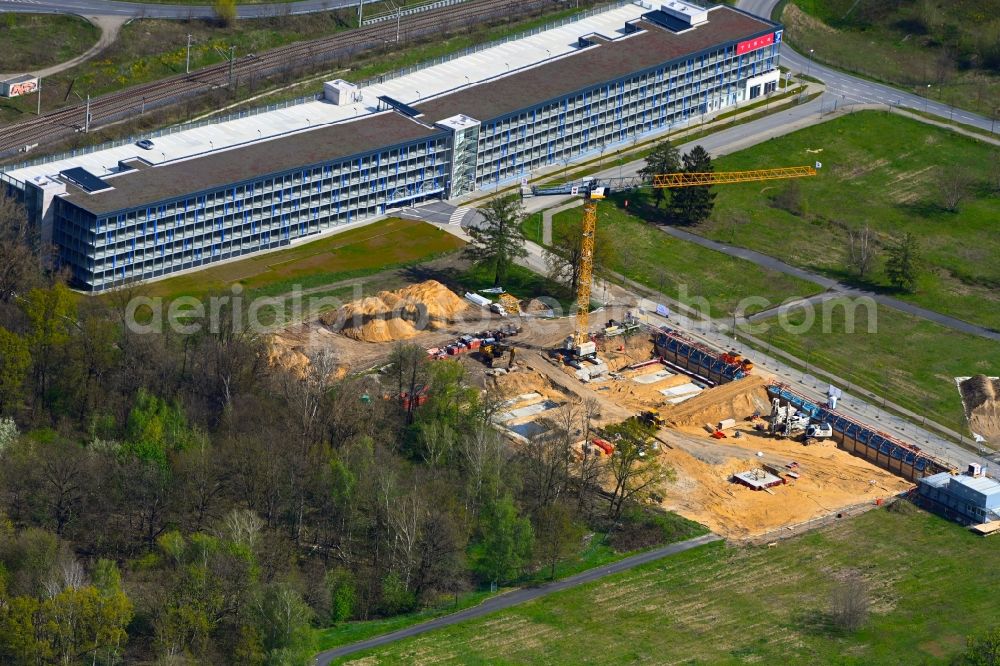 Aerial image Schönefeld - Construction site to build a new office and commercial building FLEXGATE on Kienberger Allee Ecke Am Flughafen in Schoenefeld in the state Brandenburg, Germany