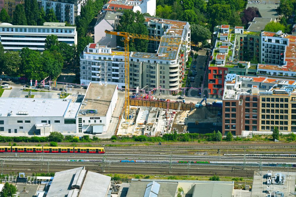 Aerial image Berlin - Construction site to build a new office and commercial building The Frame on street Revaler Strasse in the district Friedrichshain in Berlin, Germany