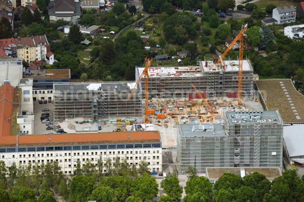 Karlsruhe from the bird's eye view: Construction of an office and commercial building on the site of the Durlacher Raumfabrik in Karlsruhe in the state of Baden-Wuerttemberg, Germany