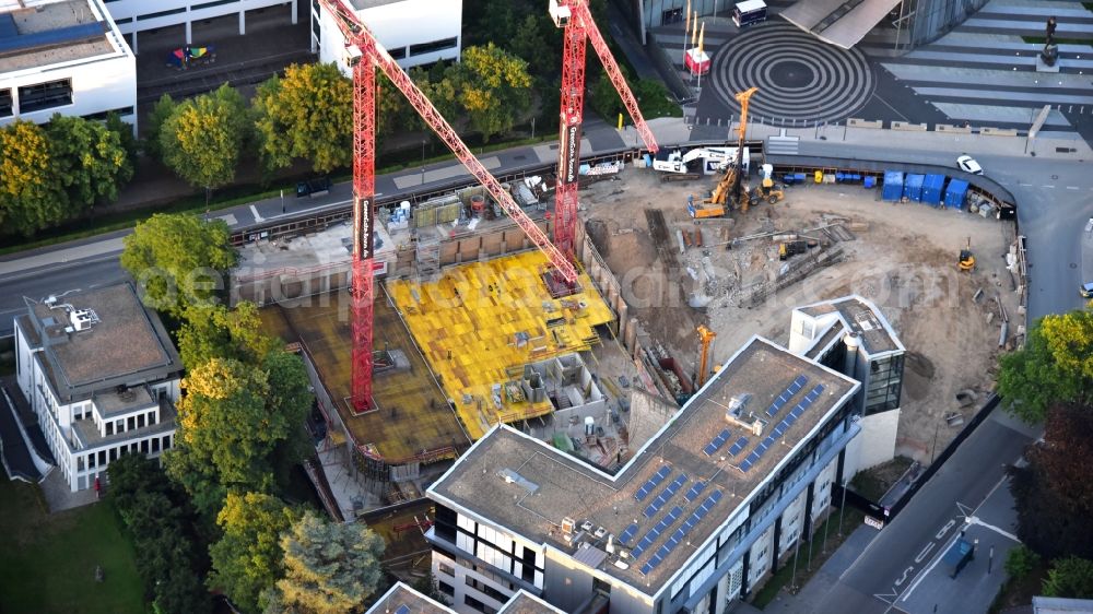 Bonn from the bird's eye view: Construction site to build a new office and commercial building Greengate on Kurt-Schumacher-Strasse in the district Gronau in Bonn in the state North Rhine-Westphalia, Germany