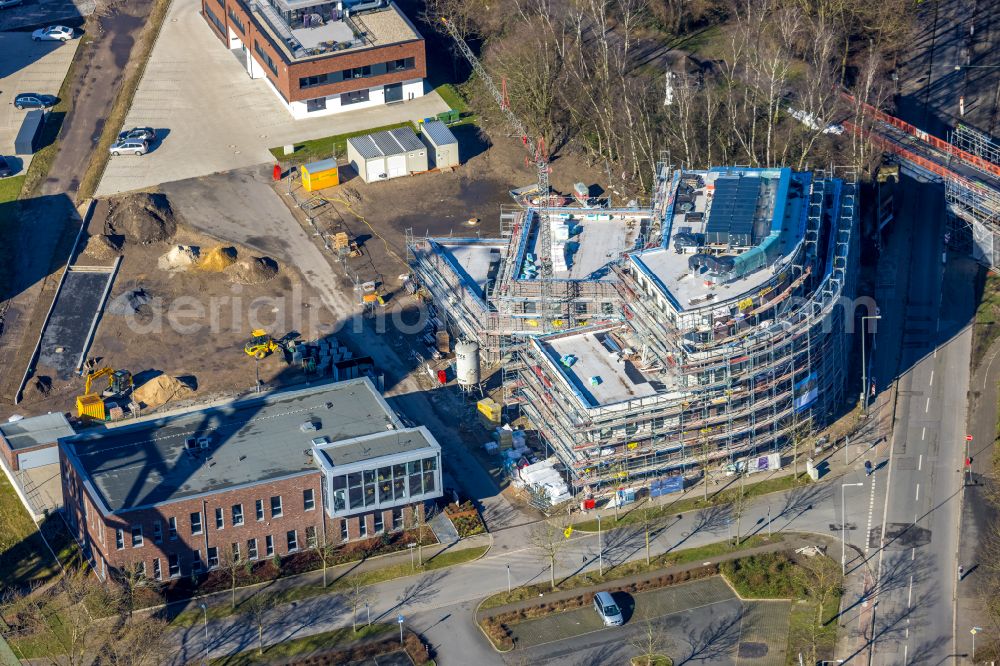 Oberhausen from above - Construction site to build a new office and commercial building Haus of Gruenen Verbaende in Oberhausen at Ruhrgebiet in the state North Rhine-Westphalia, Germany