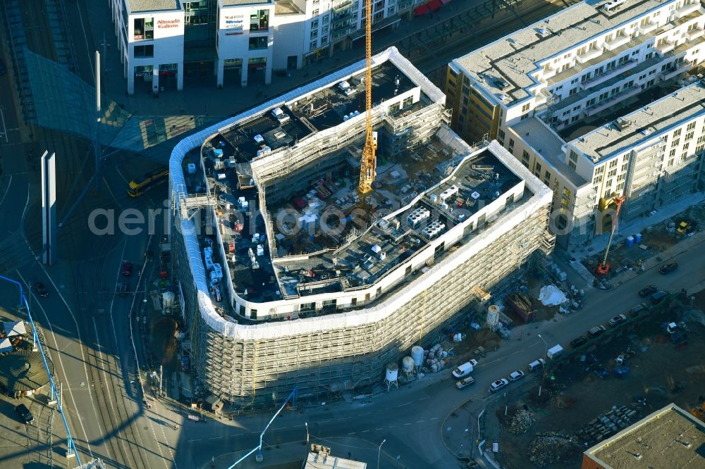 Dresden from above - Construction site to build a new office and commercial building Haus Postplatz in the district Wilsdruffer Vorstadt in Dresden in the state Saxony, Germany