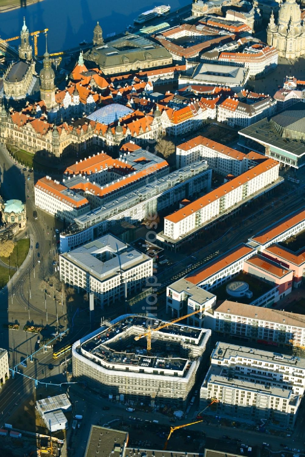 Aerial image Dresden - Construction site to build a new office and commercial building Haus Postplatz in the district Wilsdruffer Vorstadt in Dresden in the state Saxony, Germany