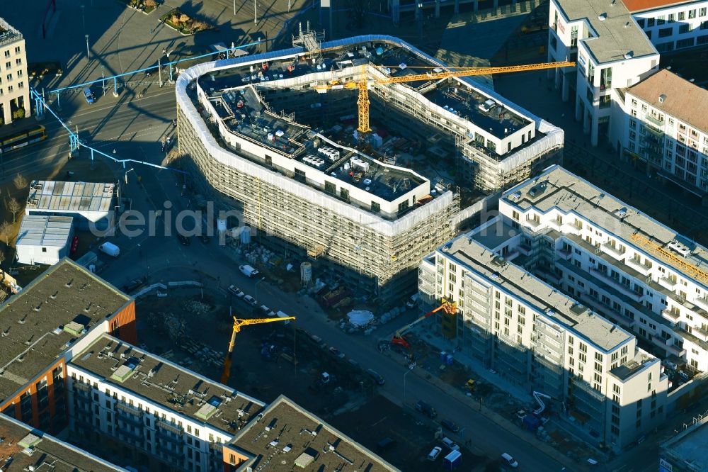 Dresden from above - Construction site to build a new office and commercial building Haus Postplatz in the district Wilsdruffer Vorstadt in Dresden in the state Saxony, Germany