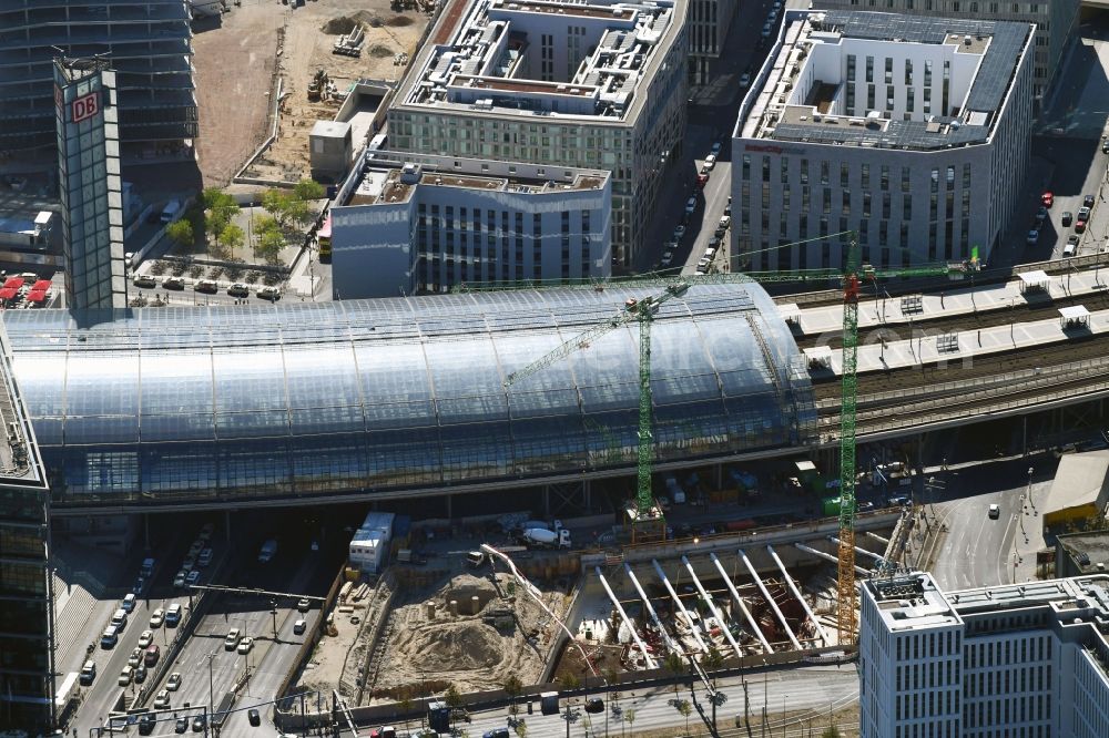 Aerial image Berlin - Construction site to build a new office and commercial building and Hotel EDGE Grand Central Berlin on Clara-Jaschke-Strasse corner Invalidenstrasse in the district Moabit in Berlin, Germany