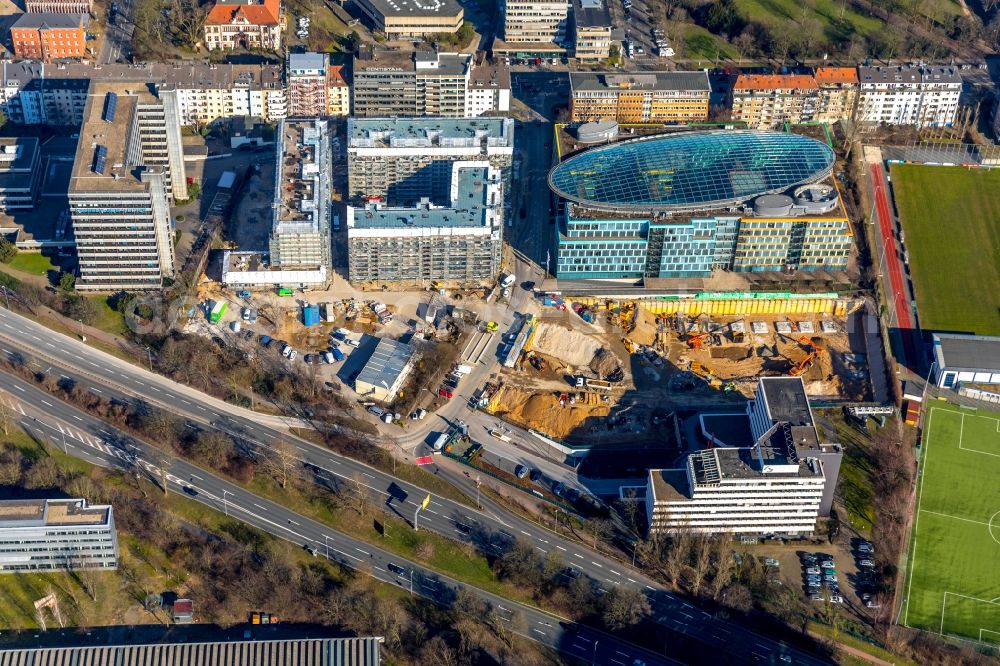 Aerial photograph Düsseldorf - Construction site to build a new office and commercial building Infinity Office on Schwannstrasse in Duesseldorf in the state North Rhine-Westphalia, Germany