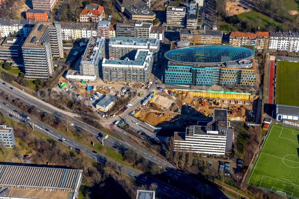 Düsseldorf from the bird's eye view: Construction site to build a new office and commercial building Infinity Office on Schwannstrasse in Duesseldorf in the state North Rhine-Westphalia, Germany