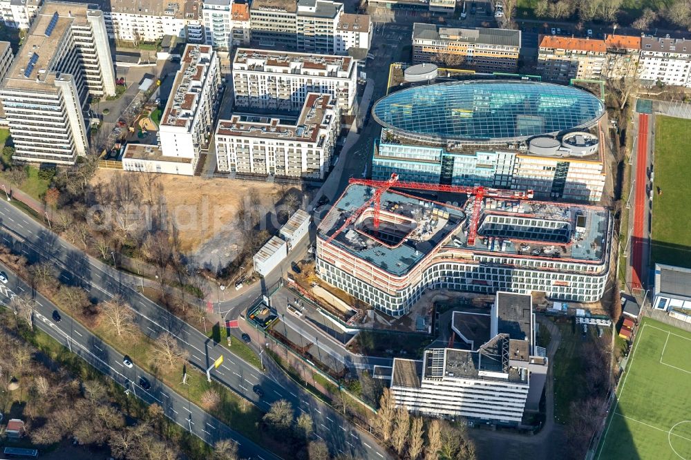 Aerial photograph Düsseldorf - Construction site to build a new office and commercial building Infinity Office on Schwannstrasse in Duesseldorf in the state North Rhine-Westphalia, Germany