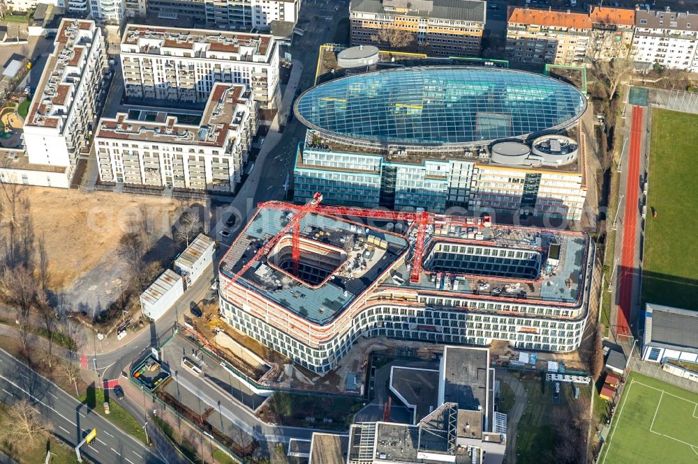 Düsseldorf from above - Construction site to build a new office and commercial building Infinity Office on Schwannstrasse in Duesseldorf in the state North Rhine-Westphalia, Germany