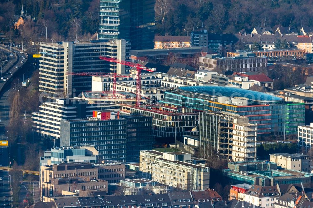 Düsseldorf from the bird's eye view: Construction site to build a new office and commercial building Infinity Office on Schwannstrasse in Duesseldorf in the state North Rhine-Westphalia, Germany