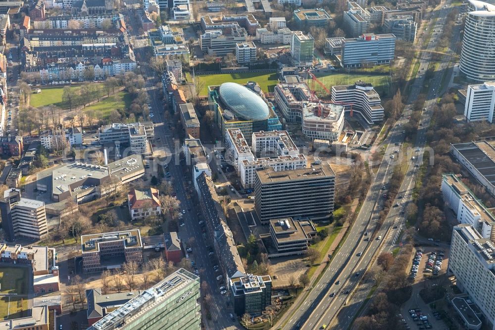 Düsseldorf from the bird's eye view: Construction site to build a new office and commercial building Infinity Office on Schwannstrasse in Duesseldorf in the state North Rhine-Westphalia, Germany