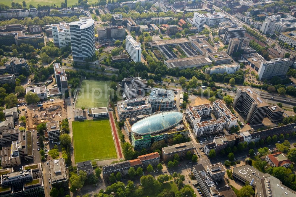 Düsseldorf from the bird's eye view: Construction site to build a new office and commercial building Infinity Office on Schwannstrasse in Duesseldorf in the state North Rhine-Westphalia, Germany