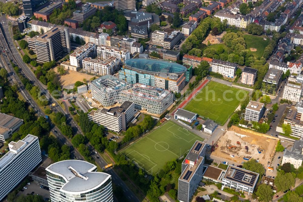 Aerial image Düsseldorf - Construction site to build a new office and commercial building Infinity Office on Schwannstrasse in Duesseldorf in the state North Rhine-Westphalia, Germany