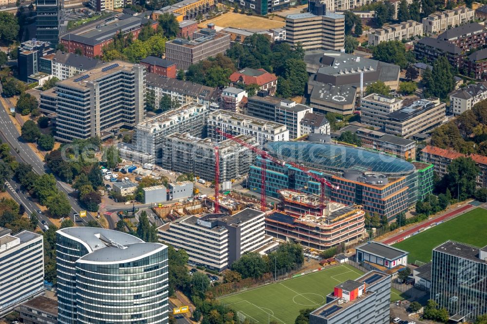 Düsseldorf from the bird's eye view: Construction site to build a new office and commercial building Infinity Office on Schwannstrasse in Duesseldorf in the state North Rhine-Westphalia, Germany