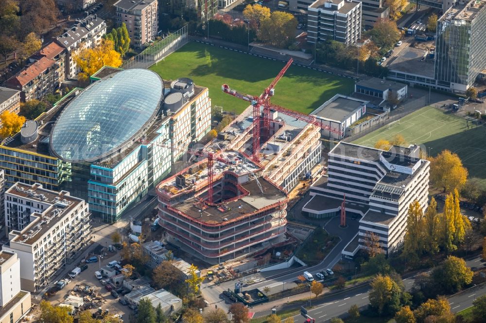 Düsseldorf from the bird's eye view: Construction site to build a new office and commercial building Infinity Office on Schwannstrasse in Duesseldorf in the state North Rhine-Westphalia, Germany