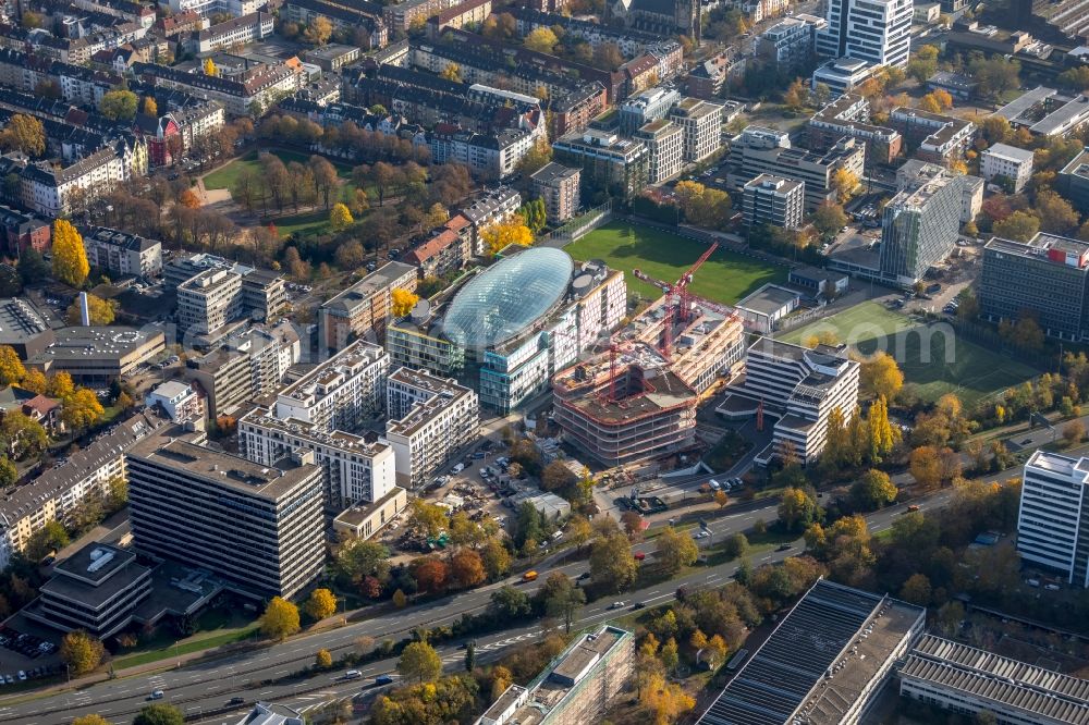 Aerial image Düsseldorf - Construction site to build a new office and commercial building Infinity Office on Schwannstrasse in Duesseldorf in the state North Rhine-Westphalia, Germany