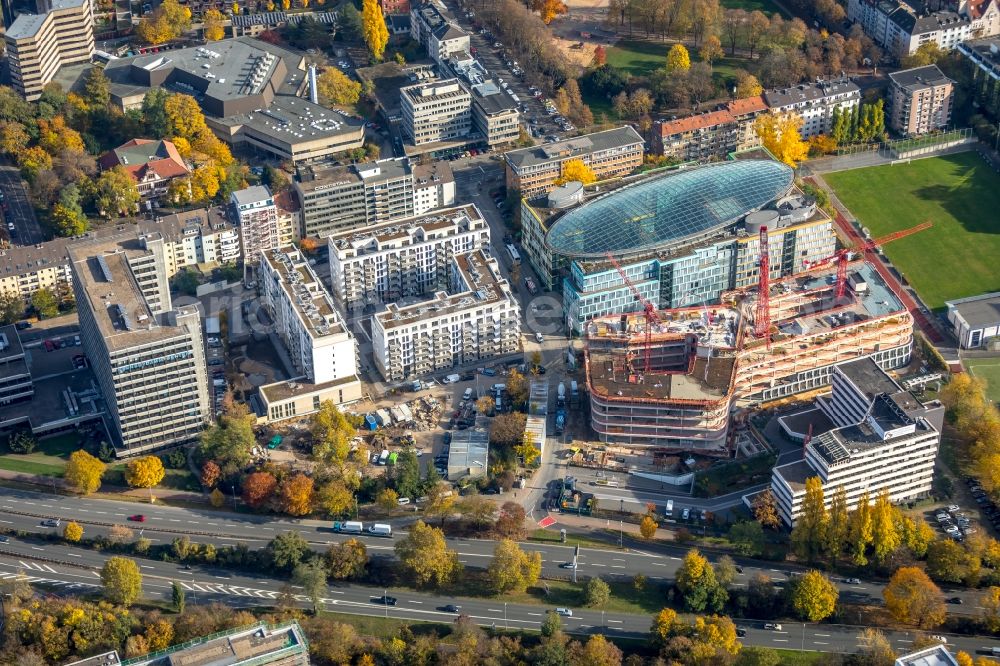 Düsseldorf from the bird's eye view: Construction site to build a new office and commercial building Infinity Office on Schwannstrasse in Duesseldorf in the state North Rhine-Westphalia, Germany