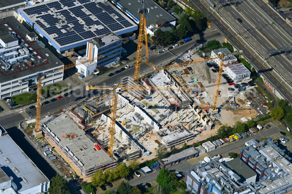 Berlin from above - Construction site to build a new office and commercial building INK Berlin - Inspire Neukoelln on Ballinstrasse - Woermannkehre in the district Neukoelln in Berlin, Germany