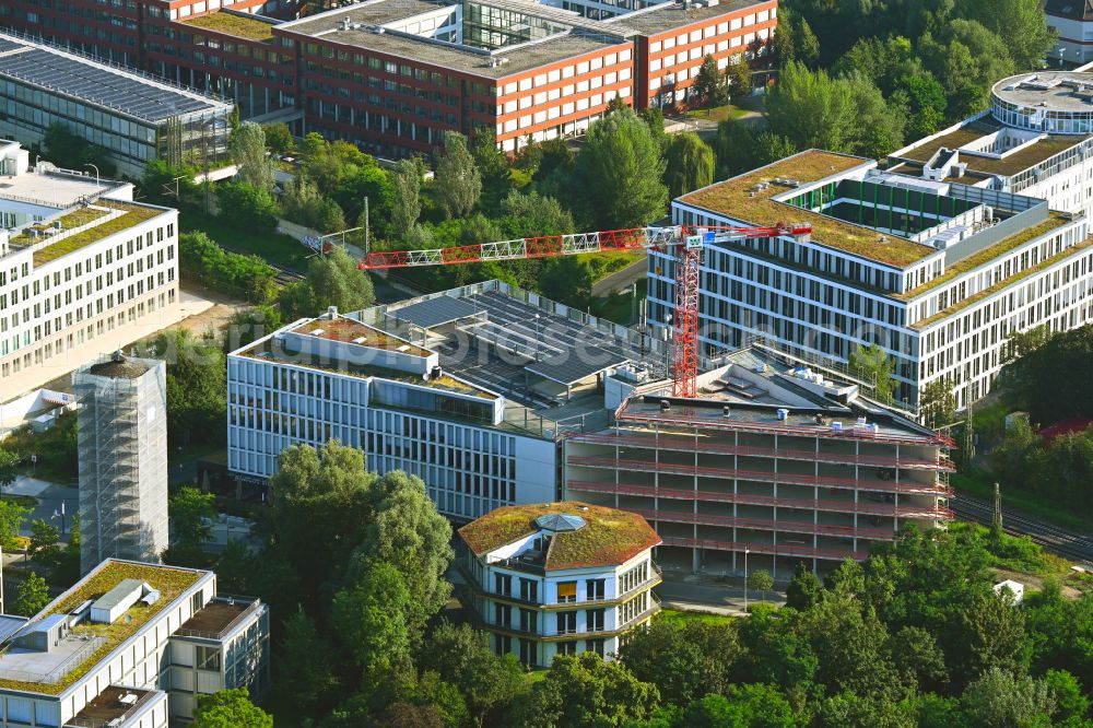 Bonn from the bird's eye view: Construction site for the new construction of an office and commercial building Innovation Greenhouse at Konrad-Zuse-Platz - Karl-Duwe-Strasse in the district of Oberkassel in Bonn in the federal state of North Rhine-Westphalia, Germany