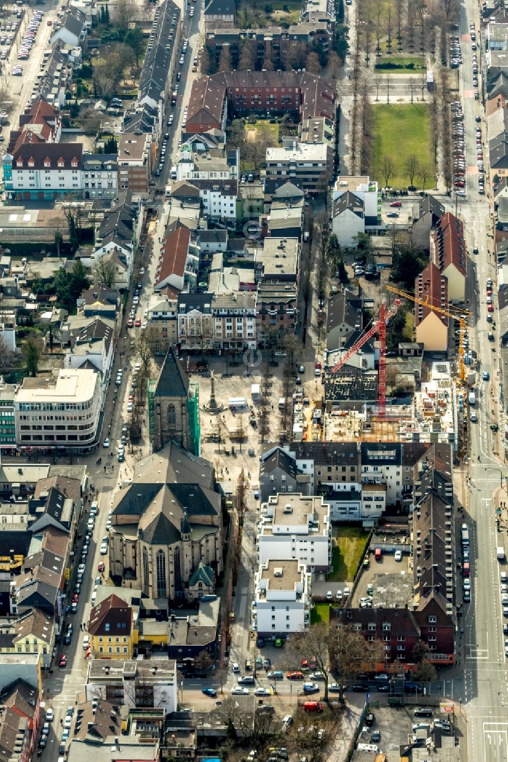 Oberhausen from above - Construction site to build a new office and commercial building Jobcenter Oberhausen on Marktstrasse in Oberhausen in the state North Rhine-Westphalia, Germany