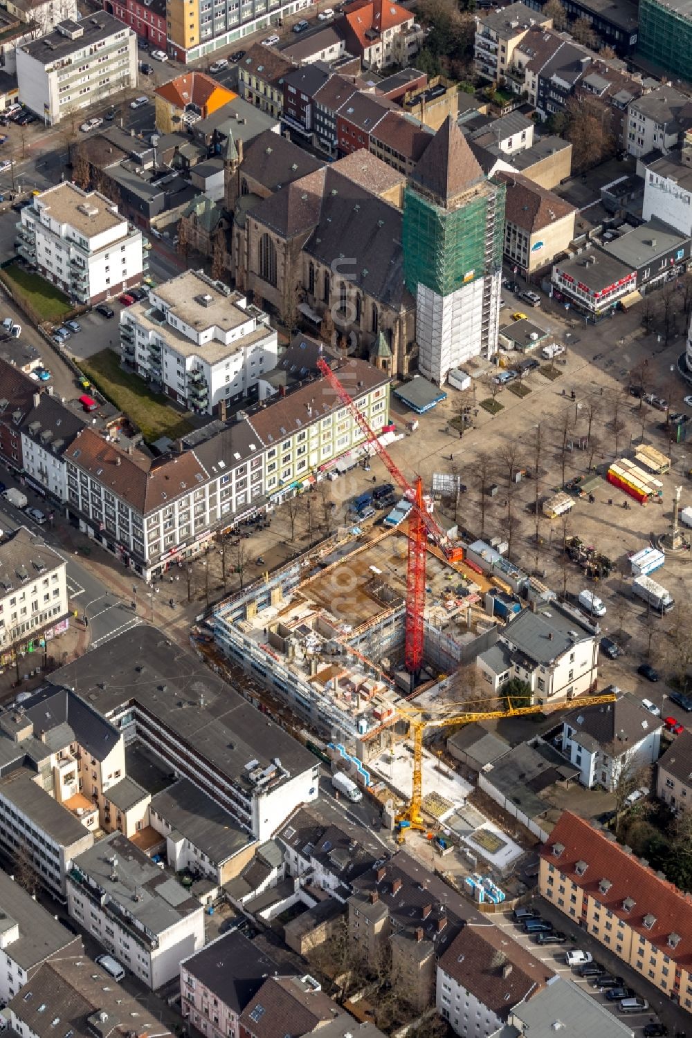 Oberhausen from above - Construction site to build a new office and commercial building Jobcenter Oberhausen on Marktstrasse in Oberhausen in the state North Rhine-Westphalia, Germany