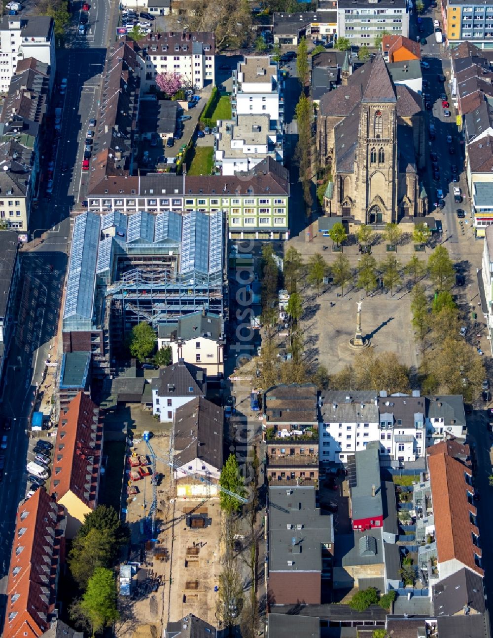 Aerial image Oberhausen - Construction site to build a new office and commercial building Jobcenter Oberhausen on Marktstrasse in Oberhausen in the state North Rhine-Westphalia, Germany