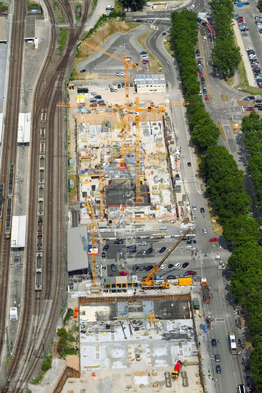 Aerial photograph Karlsruhe - Construction site to build a new office and commercial building on Schwarzwaldstrasse in Karlsruhe in the state Baden-Wurttemberg, Germany