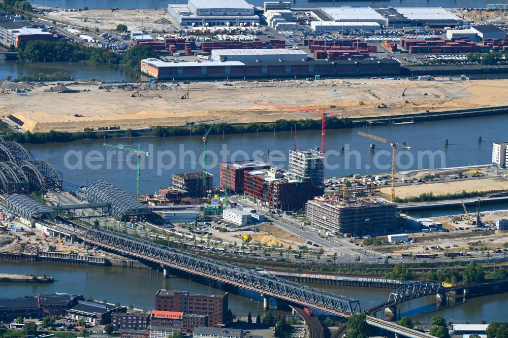 Aerial image Hamburg - Construction site for a new office and commercial building on Kirchenpauerstrasse - Zweibrueckenstrasse in the Elbbruecken district at the Braakenhafen in the district HafenCity in Hamburg, Germany