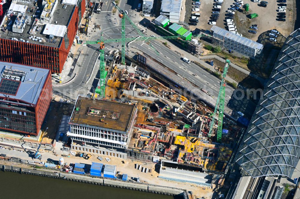 Aerial image Hamburg - Construction site for a new office and commercial building on Kirchenpauerstrasse - Zweibrueckenstrasse in the Elbbruecken district at the Braakenhafen in the district HafenCity in Hamburg, Germany