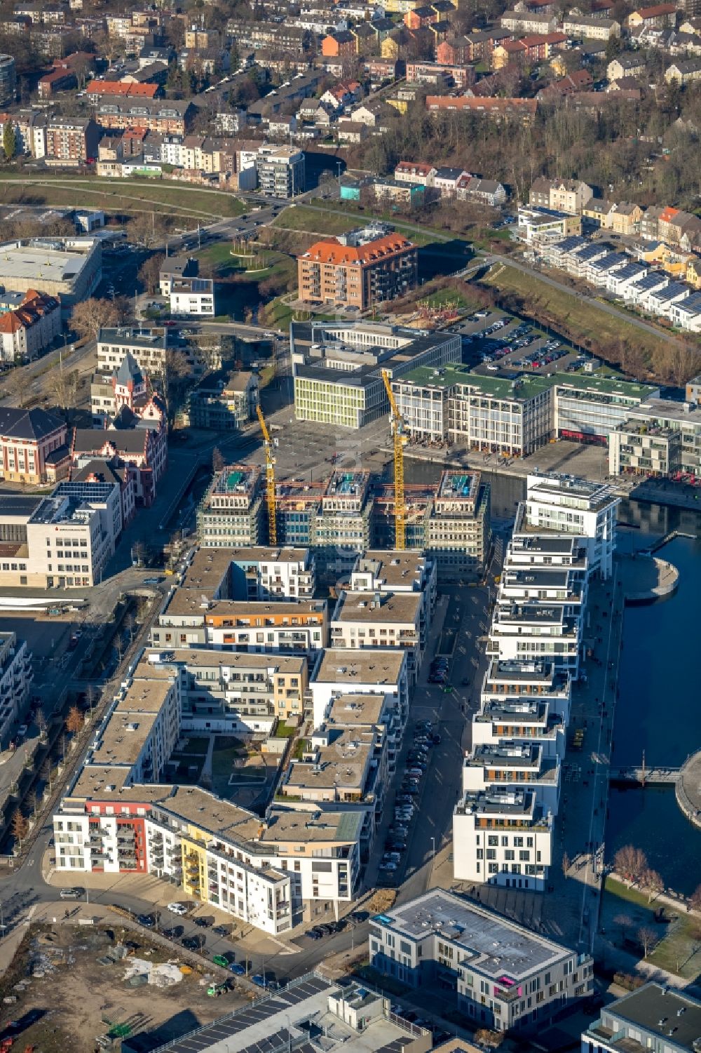 Dortmund from above - Construction site to build a new office and commercial building Kontor on Kai Am Kai in Dortmund in the state North Rhine-Westphalia, Germany