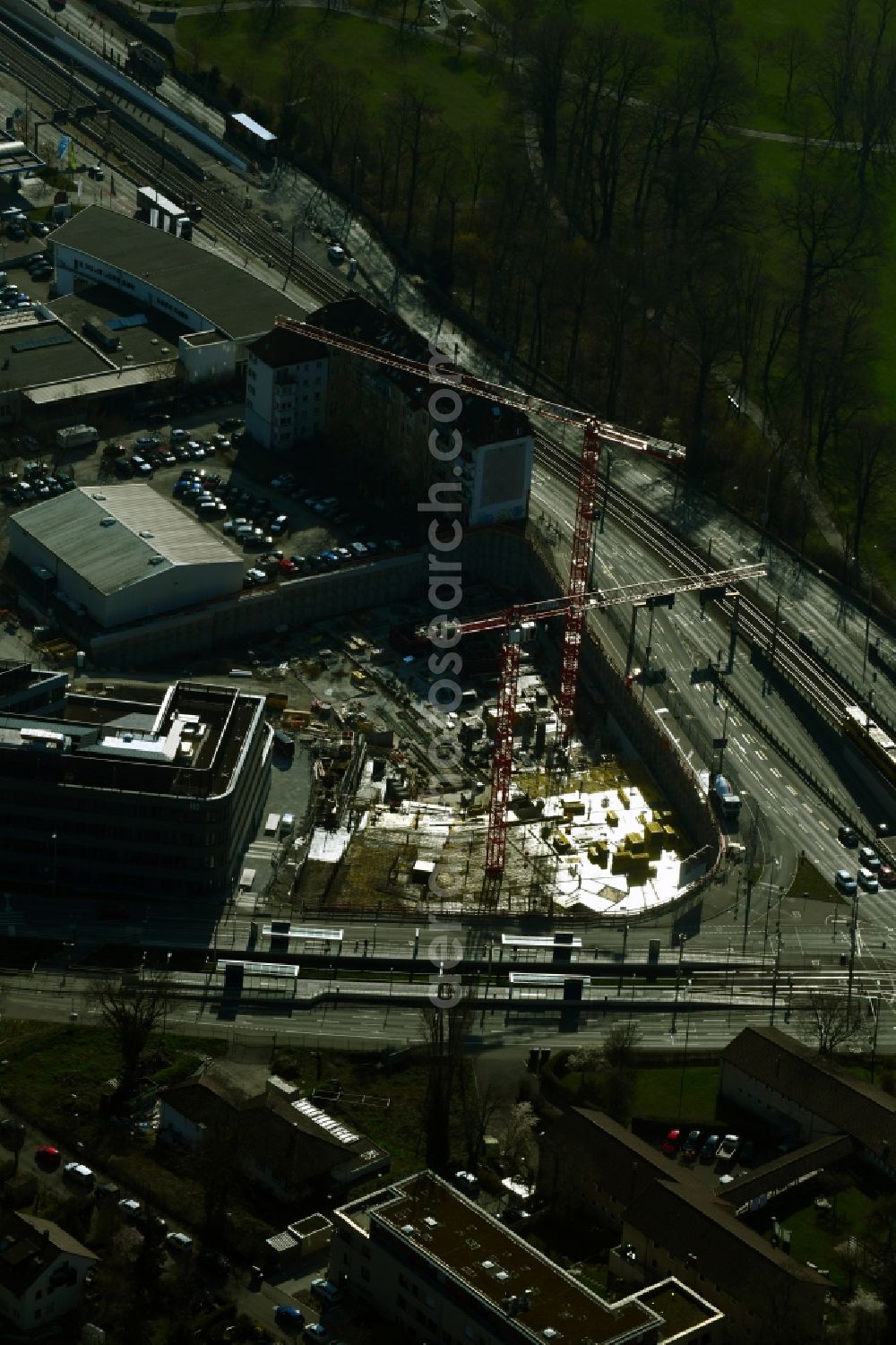 Aerial photograph Stuttgart - Construction site to build a new office and commercial building Leo - Business Campus Stuttgart on Loewentorstrasse - Pragstrasse in Stuttgart in the state Baden-Wurttemberg, Germany