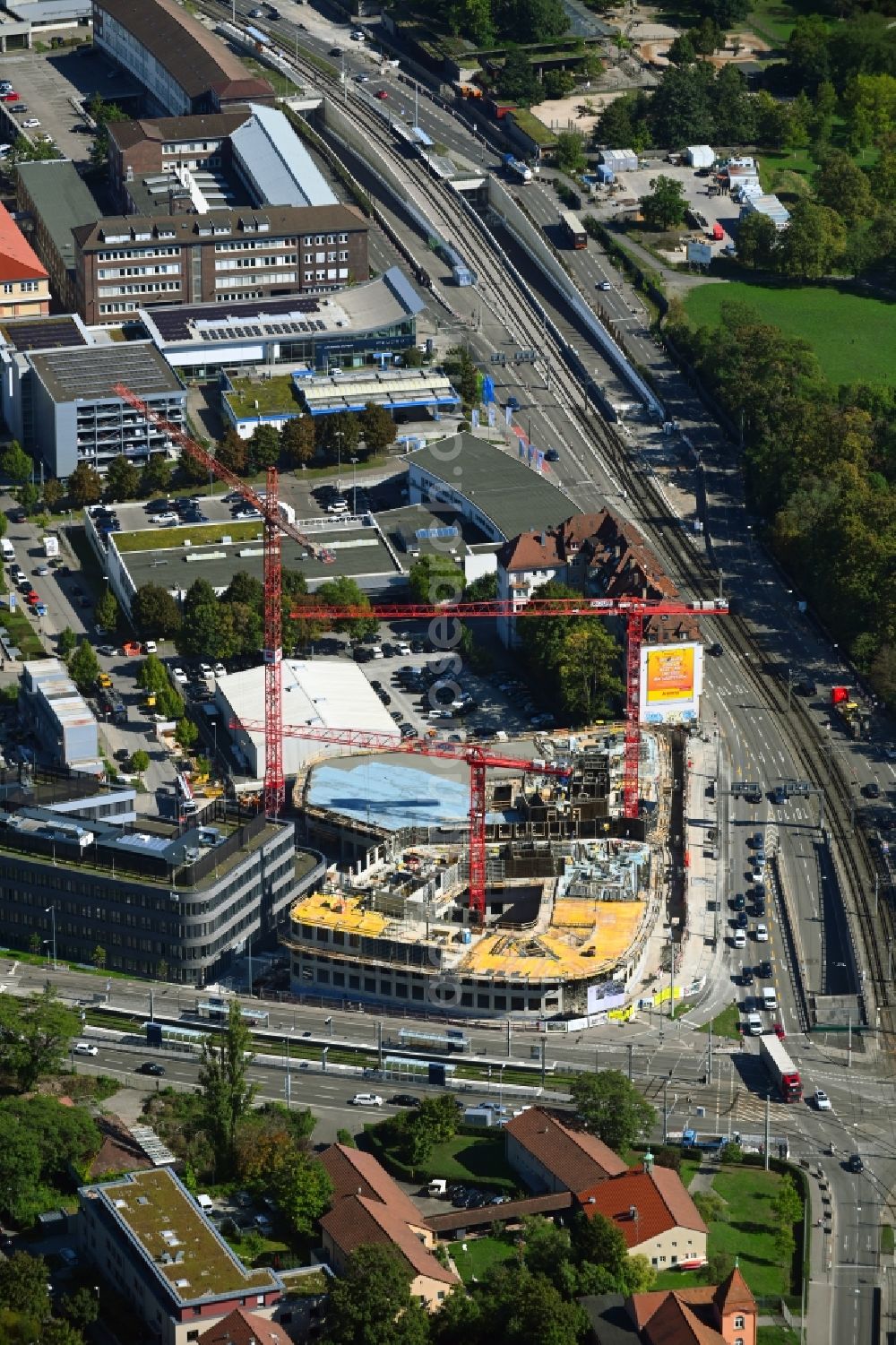 Stuttgart from the bird's eye view: Construction site to build a new office and commercial building Leo - Business Campus Stuttgart on Loewentorstrasse - Pragstrasse in Stuttgart in the state Baden-Wurttemberg, Germany