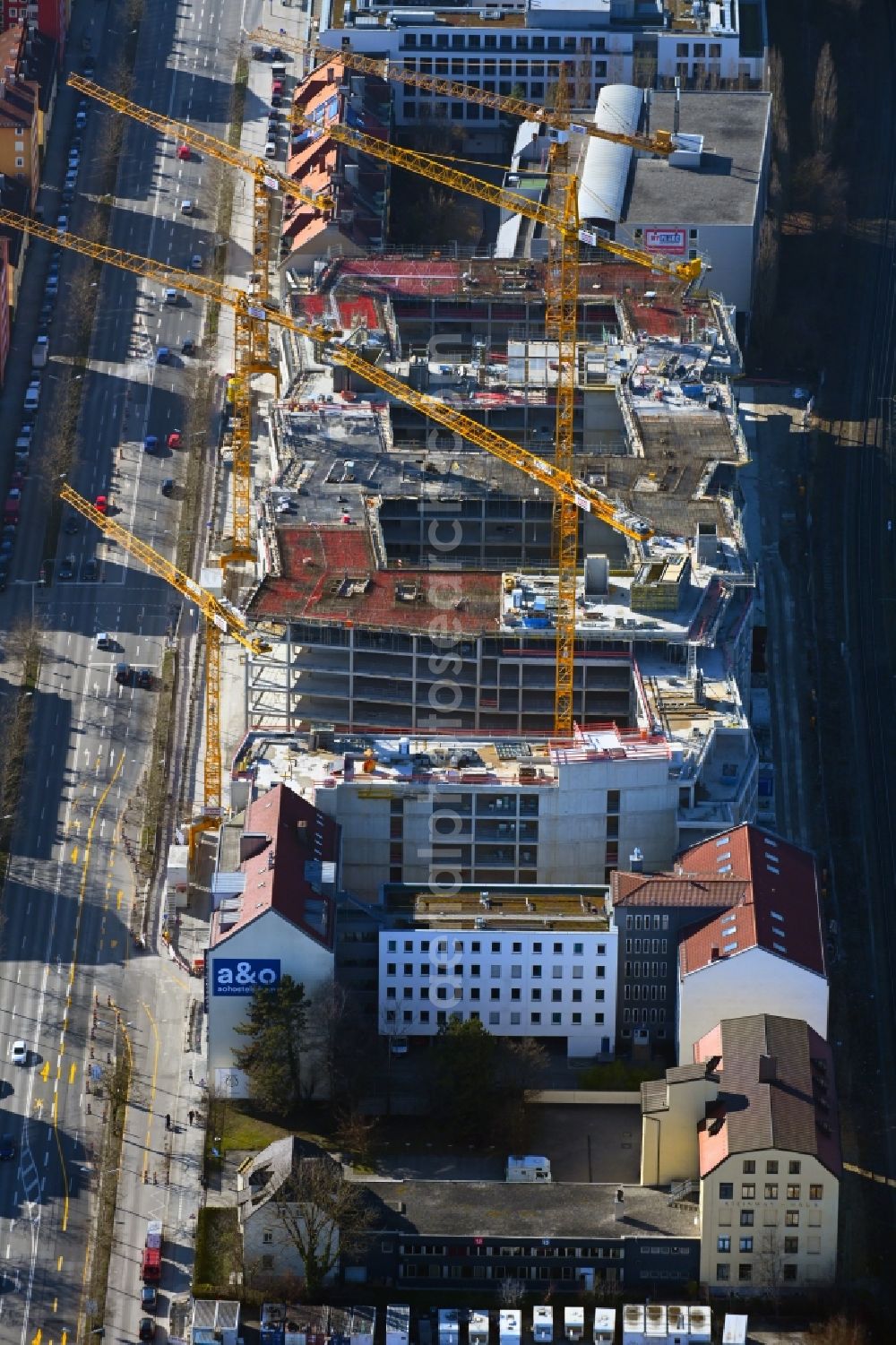 Aerial photograph München - Construction site to build a new office and commercial building Mark in the district Laim in Munich in the state Bavaria, Germany