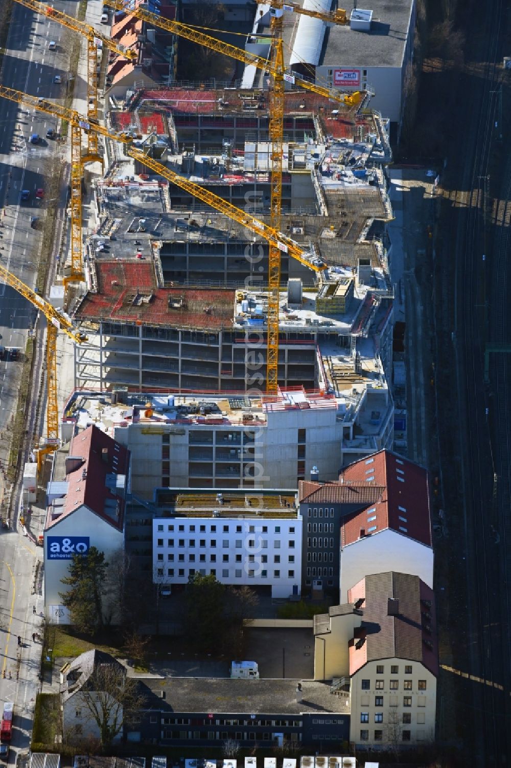 München from above - Construction site to build a new office and commercial building Mark in the district Laim in Munich in the state Bavaria, Germany